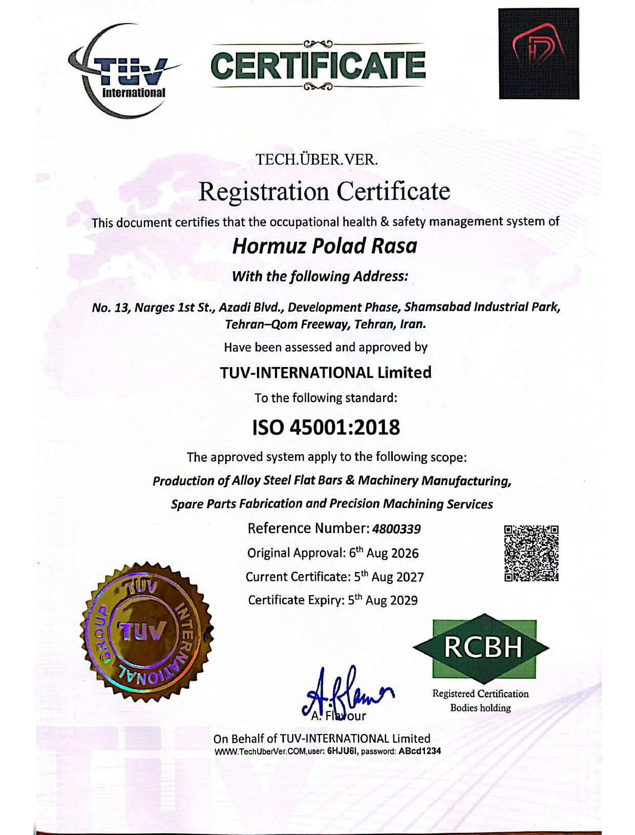 گواهینامه ISO 45001:2018 شرکت هرمز پولاد راسا